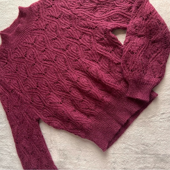 Astr Sweaters - ASTR The Label Audra Pointelle Mock Neck Mohair Wool Bishop Sleeve Sweater Plum